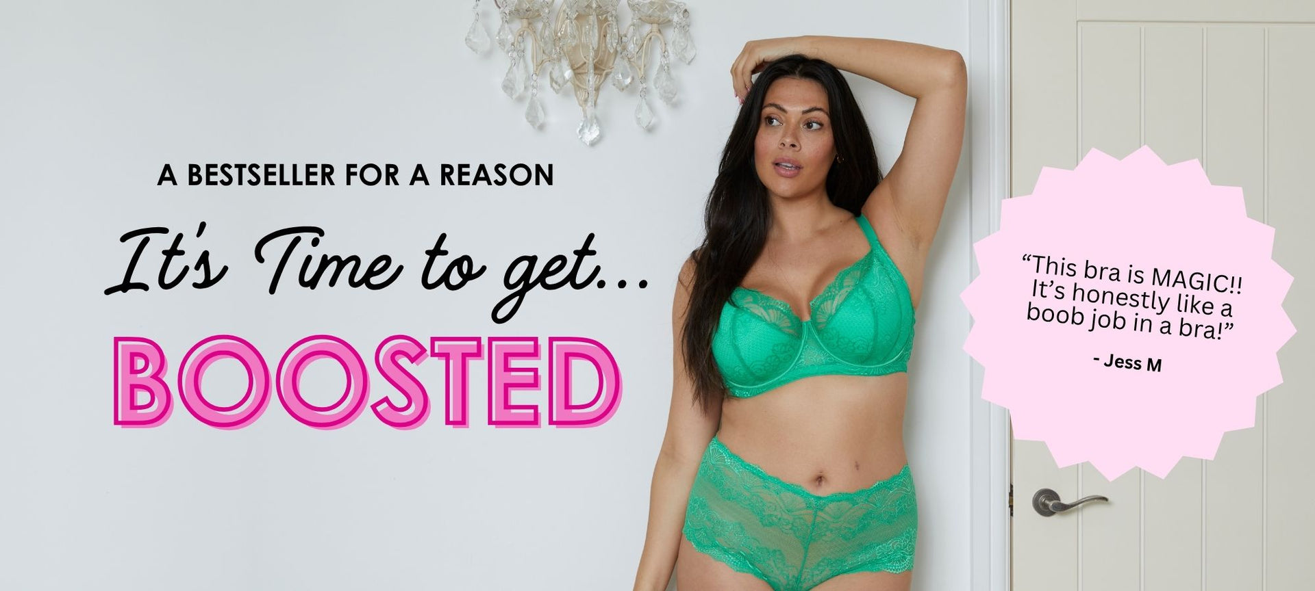 Woman wearing a green bra and underwear set with promotional text on a light background