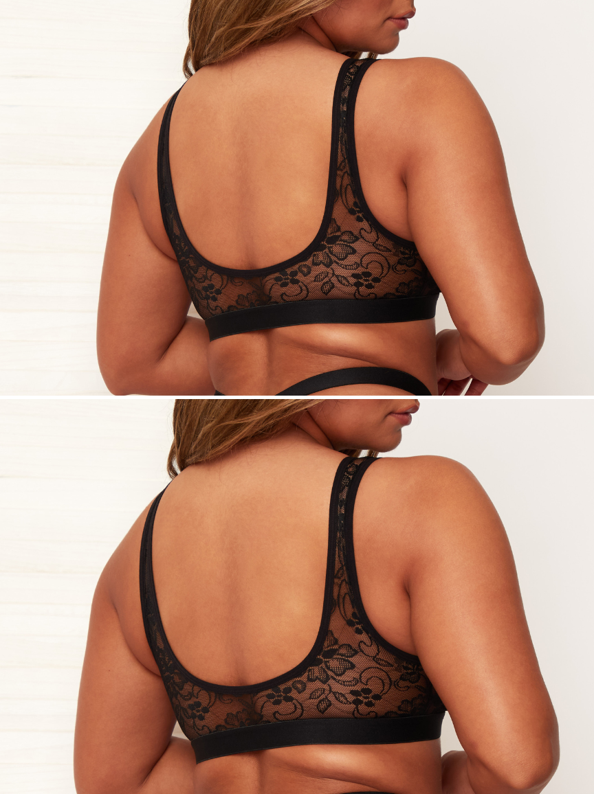 Black lace bra worn by a model on a plain background