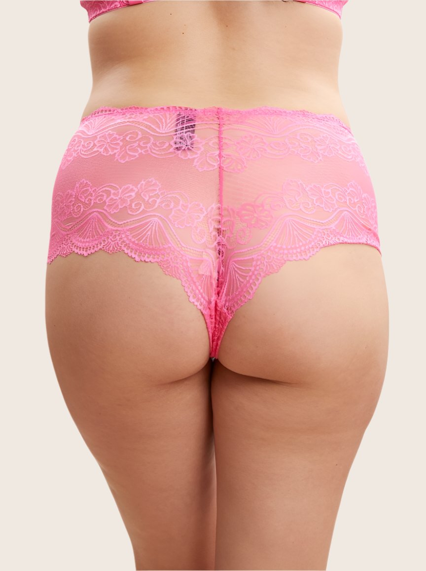 back detail of Tutti Frutti a neon pink lace short