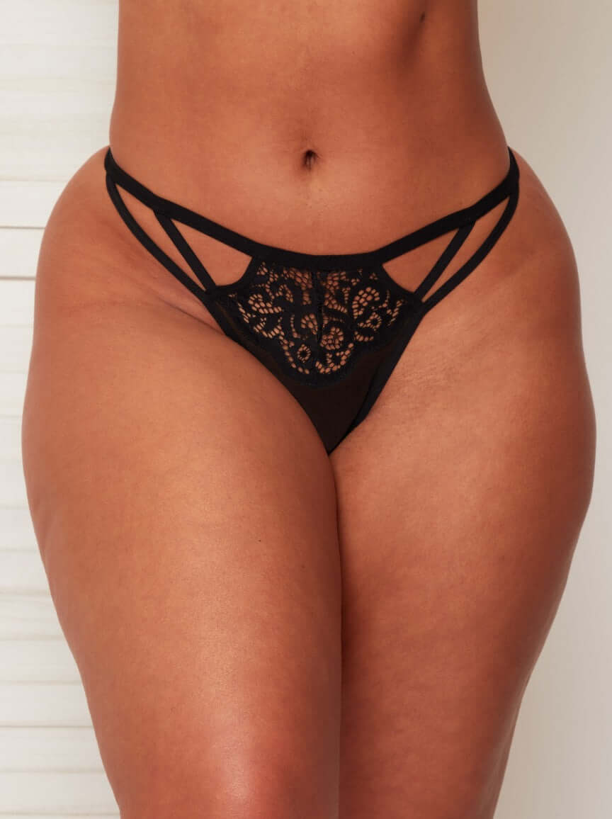 Areilla midnight black thong with galloon lace finish