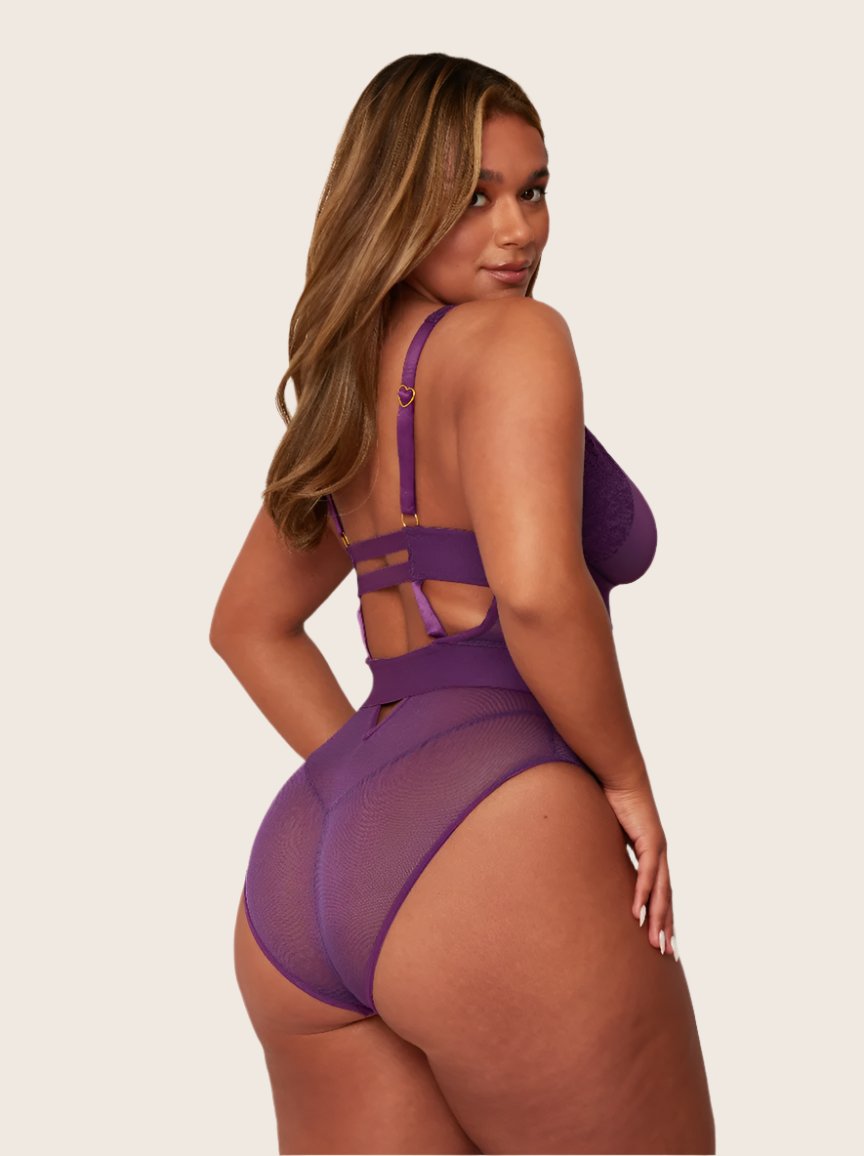 Alicia plush purple bodysuit with scalloped lace edges