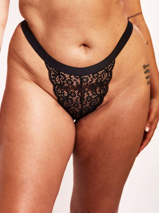 Aurora lace thong in midnight black, available in sizes XS - 6XL